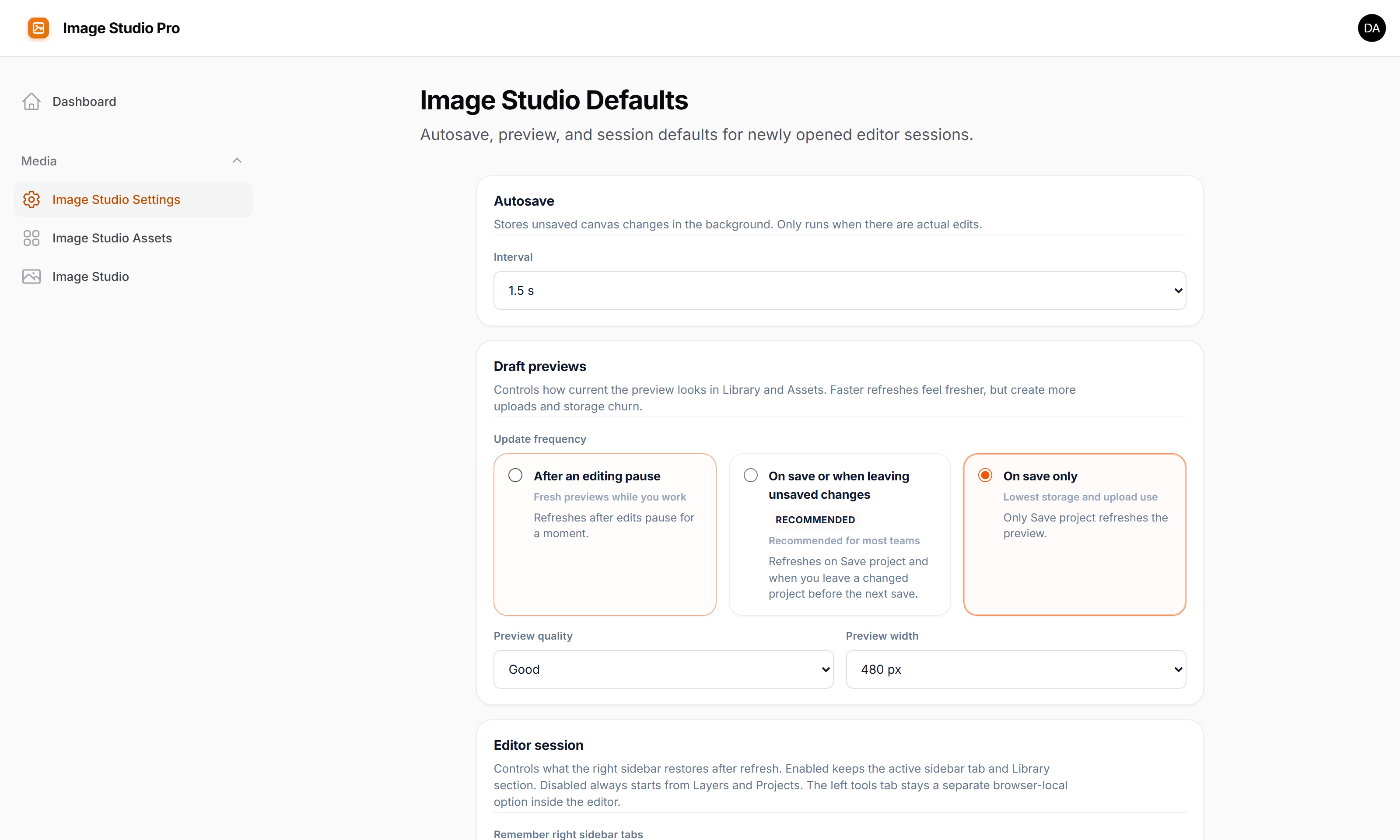 Image Studio settings